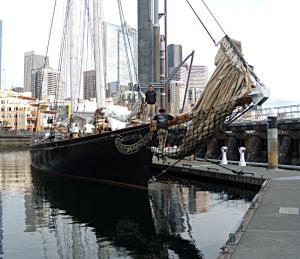 Yacht America getting ready for an evening sail from the Bell Harbor Marina in Downtown Seattle
